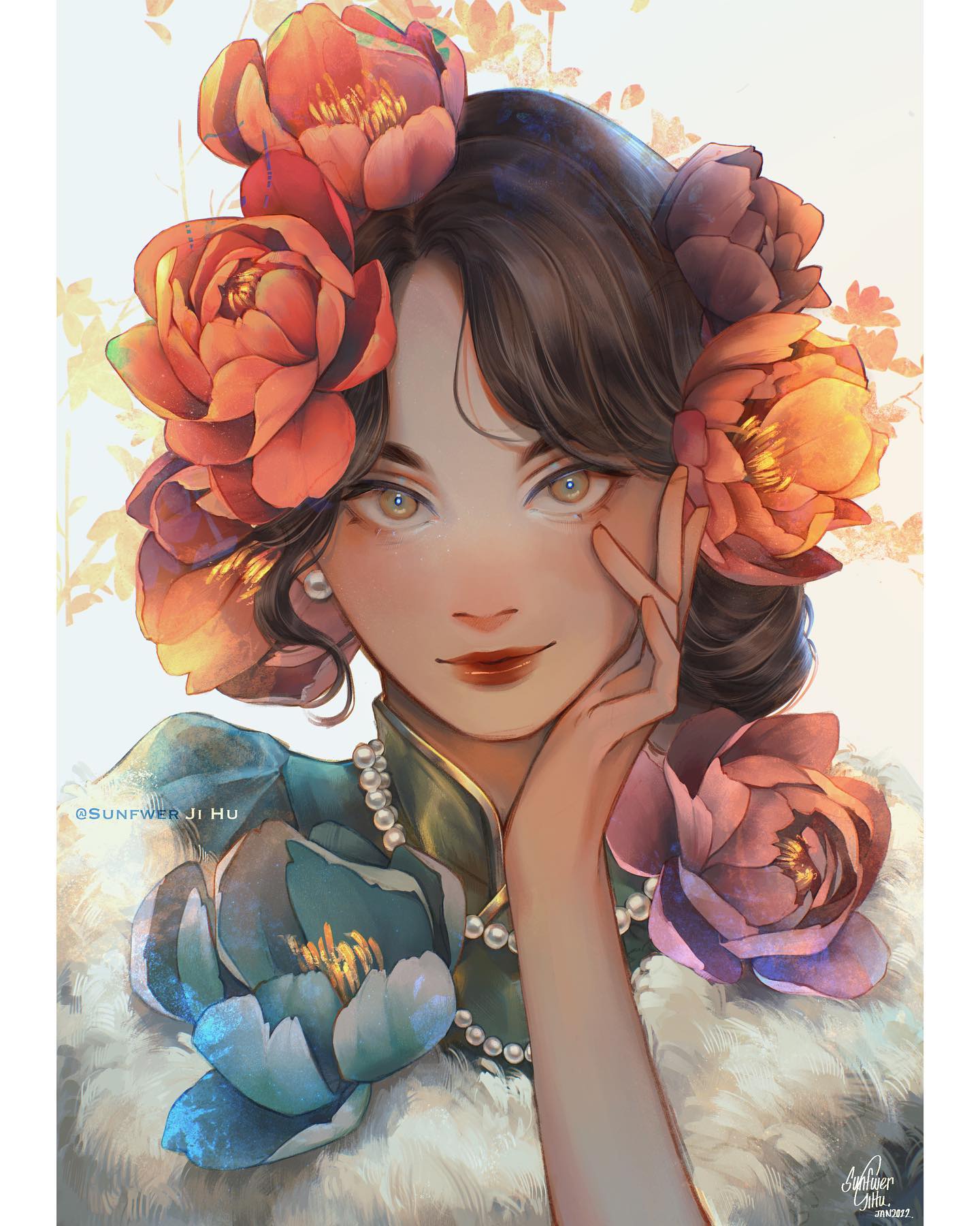 the image is a digital painting of a young woman, likely inspired by anime or manga styles.  she has a flower crown made of vibrant orange and peach peonies, with additional peonies adorning her shoulders and around her neck. she's wearing a traditional chinesestyle dress (cheongsam or qipao),  and a pearl necklace. her expression is serene and gentle, and her hand is delicately placed near her face. the overall style is soft and romantic, with pastel hues and a focus on delicate details, creating an ethereal atmosphere.  the artist's signature is visible in the bottom right corner.