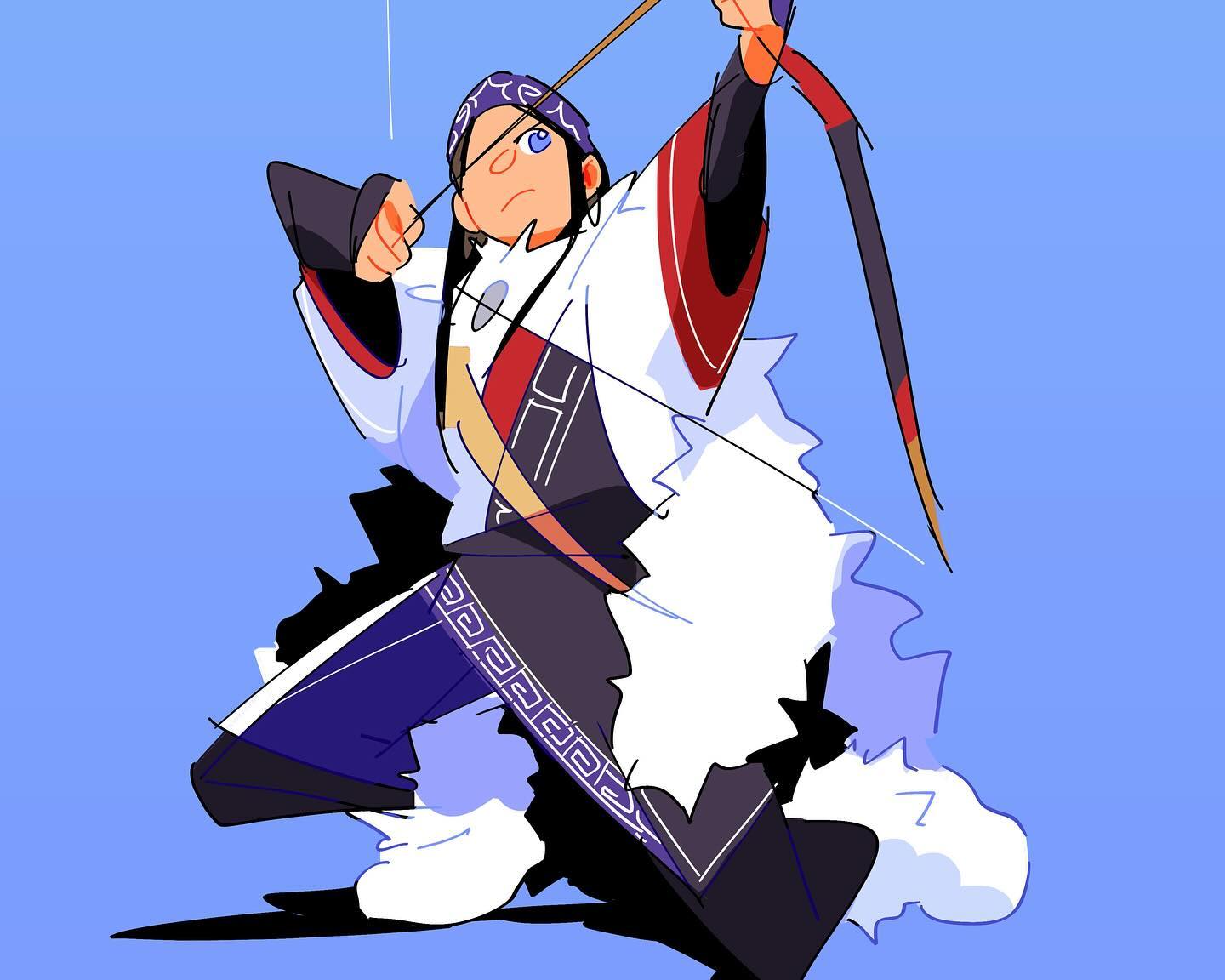 the image is a stylized digital illustration of an archer, possibly a character from an anime, manga, or video game.  the character is depicted in a dynamic action pose, drawing back a bow and arrow. they are dressed in a vibrant costume that combines elements of east asian and fantasy styles, including a white furtrimmed robe, dark pants with decorative detailing, and a headband. the art style is bold and expressive, with a focus on strong lines and vivid colors. the background is a simple, flat light blue. the overall mood is energetic and actionoriented.