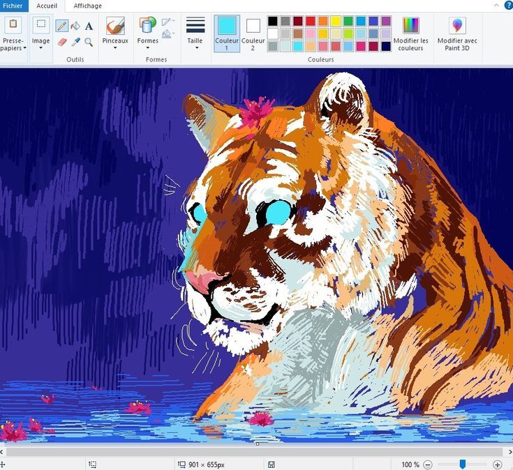 a digital painting of a tiger emerging from water, with its head and neck above the surface. the tiger's eyes are a bright blue, and its fur is painted in shades of orange, white, and black. the water is a deep blue, and there are red flowers floating on the surface. the painting is done in a digital art style, and it is full of color and energy.