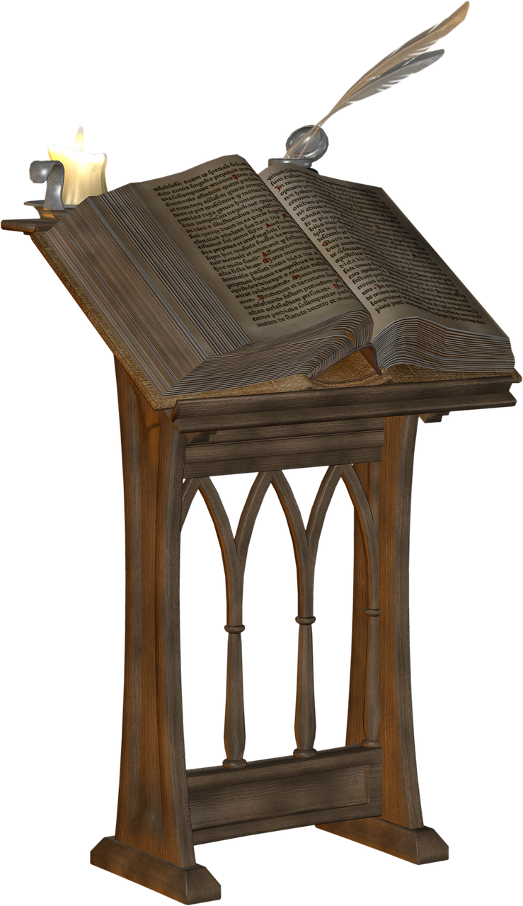 the image features an antique wooden reading stand with an open manuscript book resting on it. a lit candle in a candlestick holder is placed on the left side of the book, while an ink bottle with a quill stands on the right side. the stand has an ornate design with arched openings in its base. the background is a solid black.