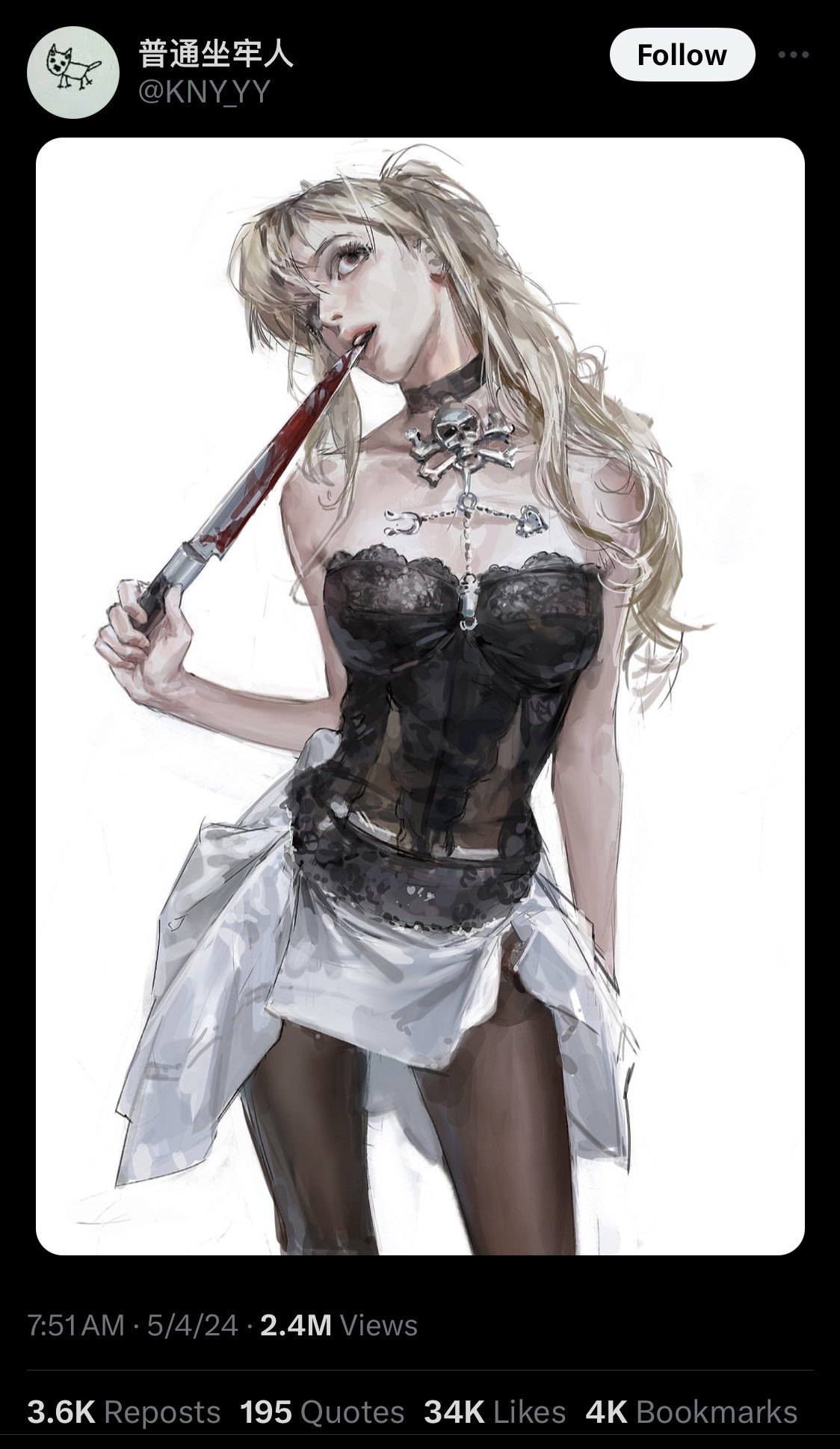 an anime illustration of a blonde haired woman in a white and black dress and lace corset. she is holding a bloody knife in her hand. the artwork is in a digital style and has a very realistic look.