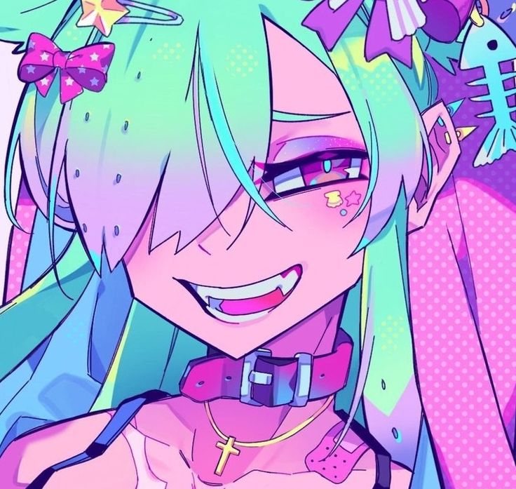 this is a digital illustration of an anime girl with pink, purple, blue, and green hair. she has big, red eyes and a mischievous smile that reveals sharp fangs. she is wearing a pink choker with a black buckle and a gold necklace with a cross pendant. her hair is decorated with stars and stickers, and she has a bandaid on her cheek. the background is a bright pink and purple color with polka dots.