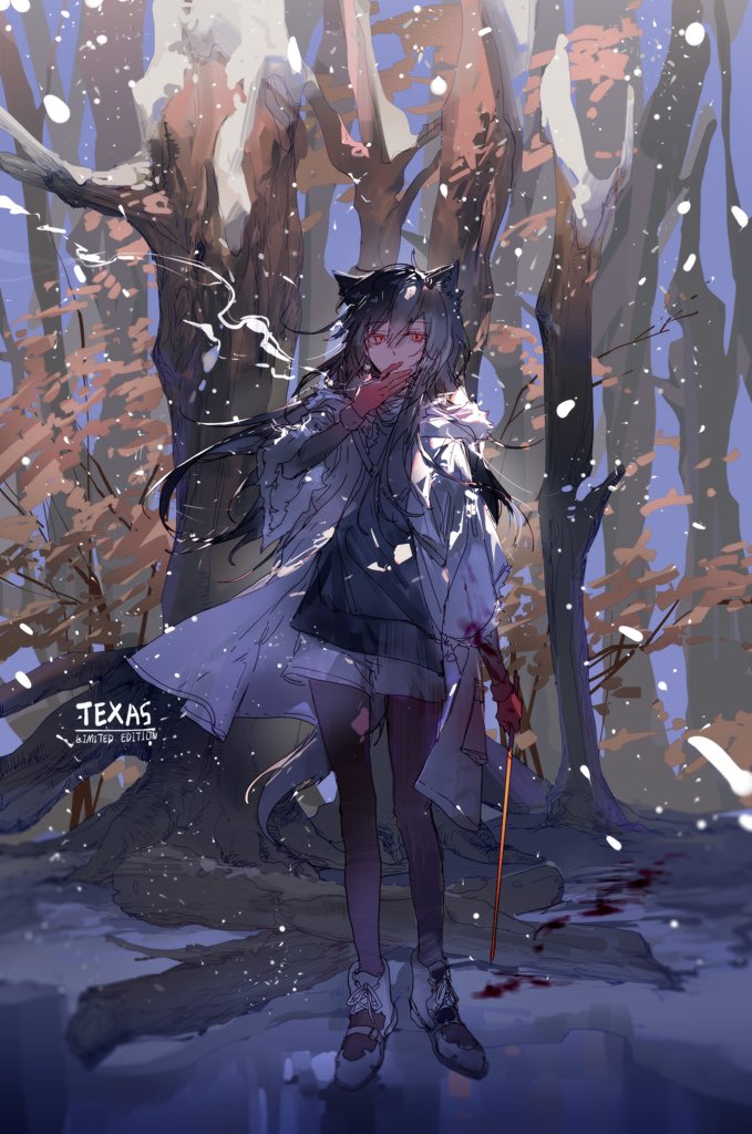 the image shows an anime girl with wolf ears and a tail standing in a snowy forest. she has red eyes and a bloody hand, and she is holding a sword. there is blood on the ground. the text "texas" is visible in the lower left corner of the image.