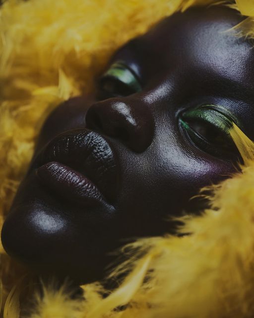 closeup view of a woman's face, with dark skin and striking makeup featuring green and purple eyeshadow.  her lips are dark and full. the woman is partially obscured by a profusion of yellow feathers that seem to be part of a boa or similar garment. the overall mood is dark, dramatic, and sensual.  the lighting focuses intensely on her face, leaving the background somewhat obscured.