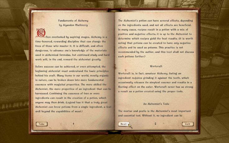 the image is a screenshot of a video game. the image shows an open book with the title "fundamentals of alchemy." the book is written in an old style font and has a lot of information about how to make potions. the page in the foreground talks about warcraft, which is a type of amateur alchemy that involves grinding ingredients against the teeth. this technique can result in a potion that has a strong effect on the consumer. the book also talks about the mortar and pestle, which is the most important tool for an alchemist.