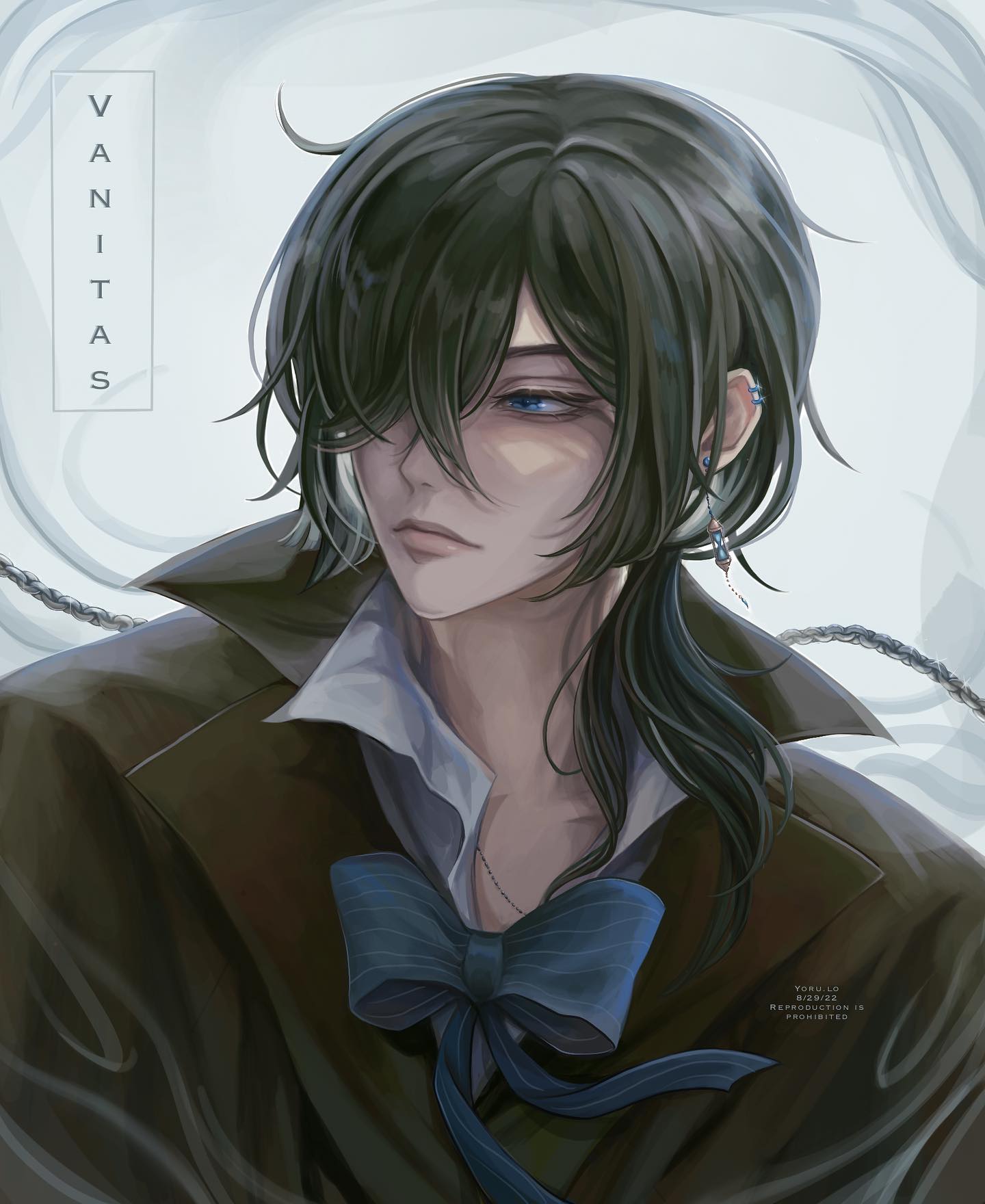 the image is a stylized digital painting or illustration of noé archibald from the anime vanitas no carte.  he is depicted as a handsome young man with long, dark hair that partially obscures his blue eyes. he's wearing an elegant, darkcolored coat over a lighter shirt and a blue striped bow tie.  a delicate necklace is visible at his neck and small earrings are in his ears.  the background is soft and somewhat ethereal, with muted colors and swirling lines. the overall mood is mysterious and melancholic, reflecting the character's personality in the anime. the text "vanitas" is subtly placed on the left side of the artwork.  the style is characteristic of highquality anime fanart.