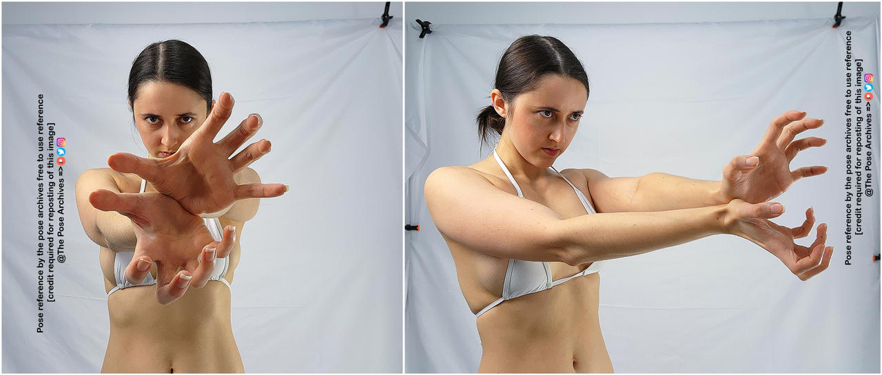 a diptych image showcasing a young woman in a white bikini top against a white background, striking two different dynamic poses. her expressions are serious and focused. in the left image, her hands are crossed defensively in front of her, while in the right image, her arms are extended outwards with her hands splayed open as if projecting energy. the images bear watermarks indicating they are pose references from "the pose archives."