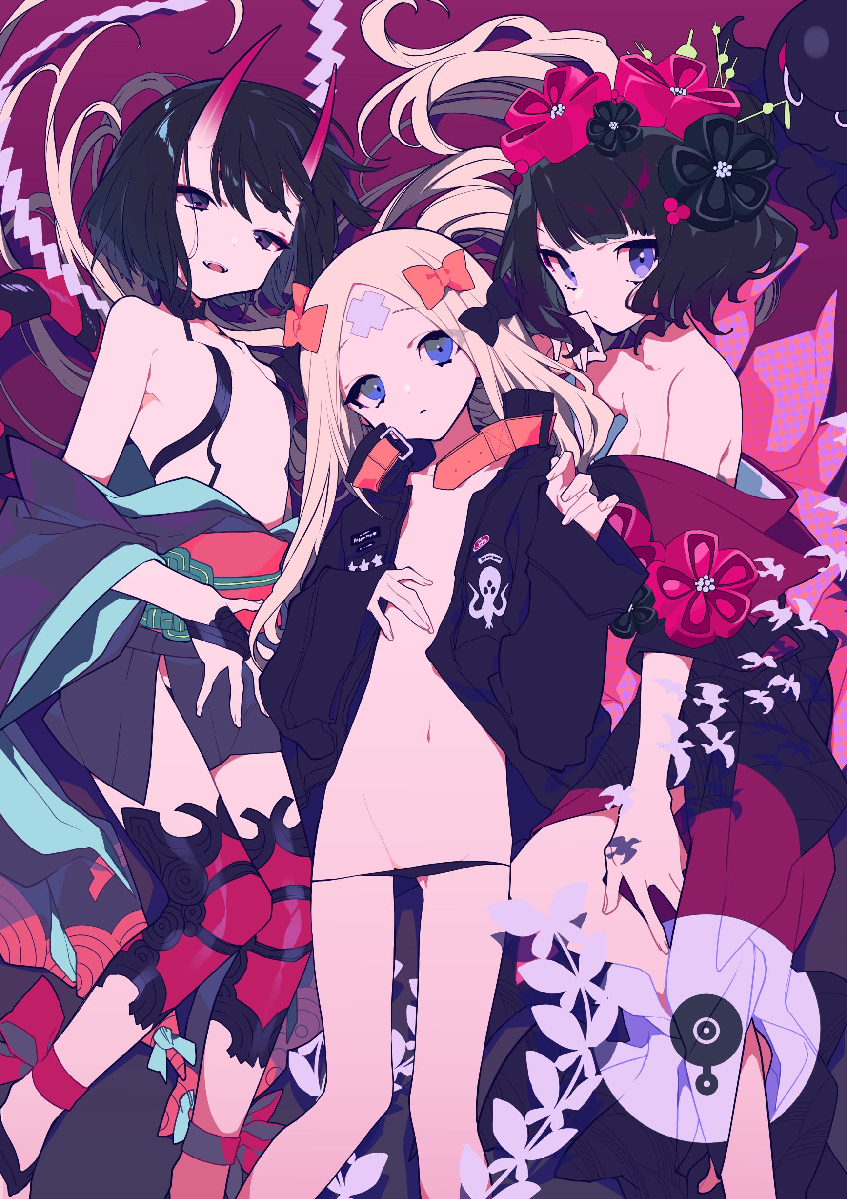 this artwork depicts three animestyle girls. the girl in the center has long blonde hair, adorned with a small bow and a bandage on her head. she's wearing an open black jacket with a skull design on it, and she seems to be wearing a short skirt or no lower garment. to her left is a girl with short black hair, a horn, and a striking blackandred outfit. to the right is another girl with short black hair and flowers in her hair, wearing a redandblack dress or kimono. the background has a dark pink tone and contains various floral and geometric patterns. the overall style is characteristic of digital anime art, with sharp lines and vibrant colors.
