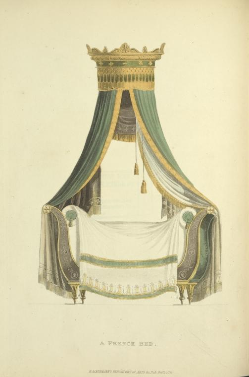 the image shows an illustration of an antique french bed with a draped canopy. the bed features a large canopy structure at the top, adorned with green and gold fabrics, tassels, and ornate details. the bed frame itself is decorated with similar designs and fabrics, creating a luxurious and elegant appearance. the white bedspread is accented with a green border, further enhancing the bed's decorative style. the image is likely from a historical source or catalog, showcasing the design and aesthetic of french furniture from a specific period.