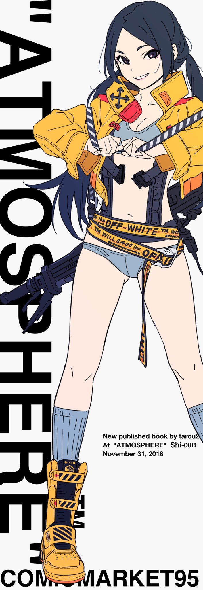 he image is a promotional artwork for a book titled "atmosphere" by the artist tarou, published at comiket 95 on november 31st, 2018.  it features a stylized anime girl wearing offwhite branded clothing and accessories, including a distinctive belt and boots.  she is depicted in a dynamic pose, holding what looks like a futuristic weapon. the overall style is a blend of anime, streetwear fashion, and cyberpunk elements, with bold lines and a distinctive color palette. the background includes text emphasizing the book title and event details.