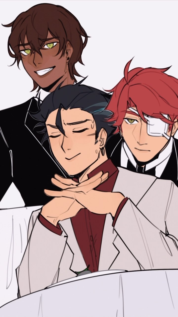 the image is a digital drawing or fanart depicting three animestyle men sitting at a table.  the man in the center is wearing a light beige suit and burgundy undershirt, appearing relaxed with his hands clasped in front of him. he has dark hair. to his left is a man with dark brown hair and a black suit, and to his right is a man with bright red hair and a dark suit, sporting an eye patch over his left eye.  the overall style is clean and detailed with expressive characters. the setting suggests a formal or celebratory occasion.