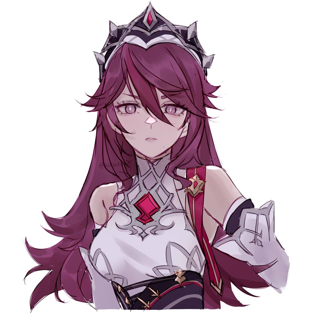 this is a digital drawing of a female anime character. she has long purple hair, red eyes, and wears a white dress with a red ribbon and a crown. she is drawn in a colorful and detailed style and appears to be looking at something offscreen. the art style suggests the character may be from the video game, genshin impact.