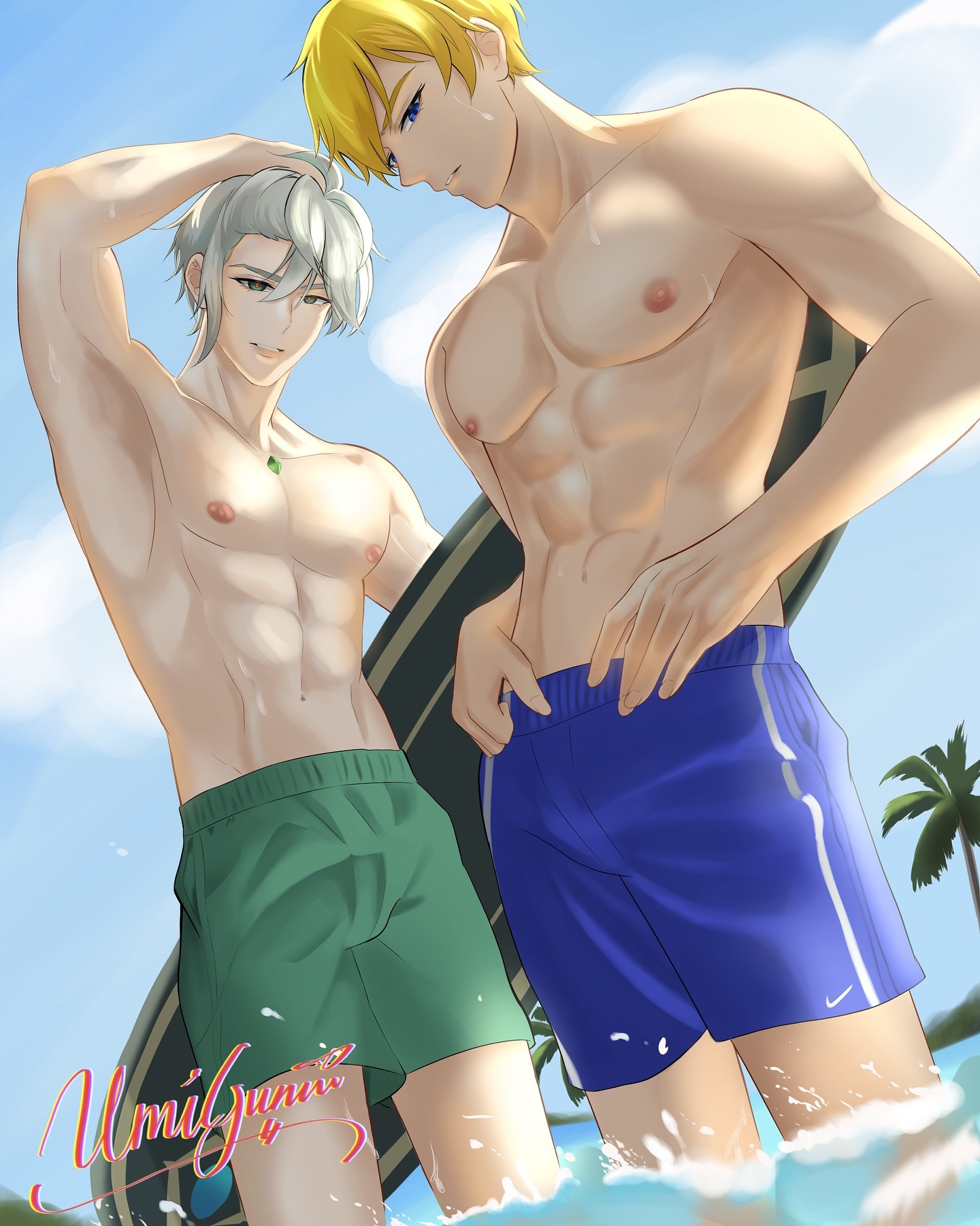 two anime men standing on a beach in their swim trunks. the man on the left has white hair and is wearing green swim trunks while the man on the right has blonde hair and is wearing blue swim trunks. they are both muscular and toned. the man on the left is holding a surfboard. the beach is sunny and the water is blue.