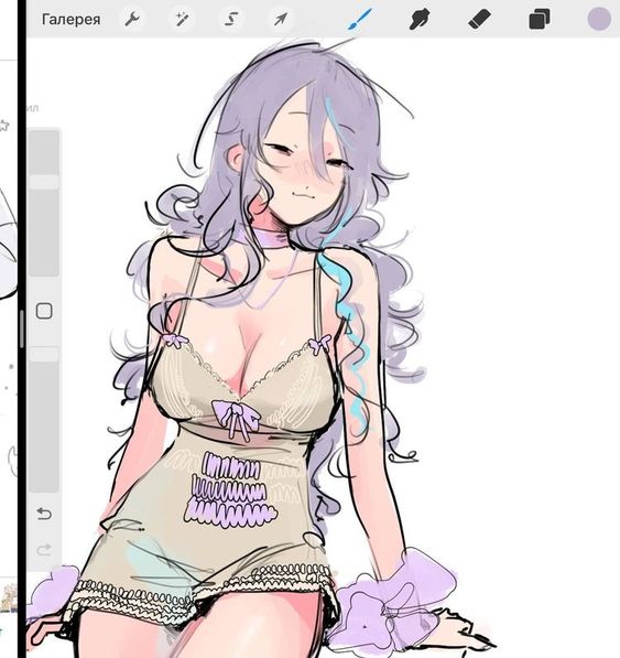 this is a digital drawing of a young woman with purple hair. she is wearing a white lace bra and a white lingeriestyle dress. she is smiling and looking to her right side, with a light pink blush on her cheeks.  the illustration is drawn in a cartoon style, with soft, rounded lines. the woman appears to be in a relaxed, cheerful mood.