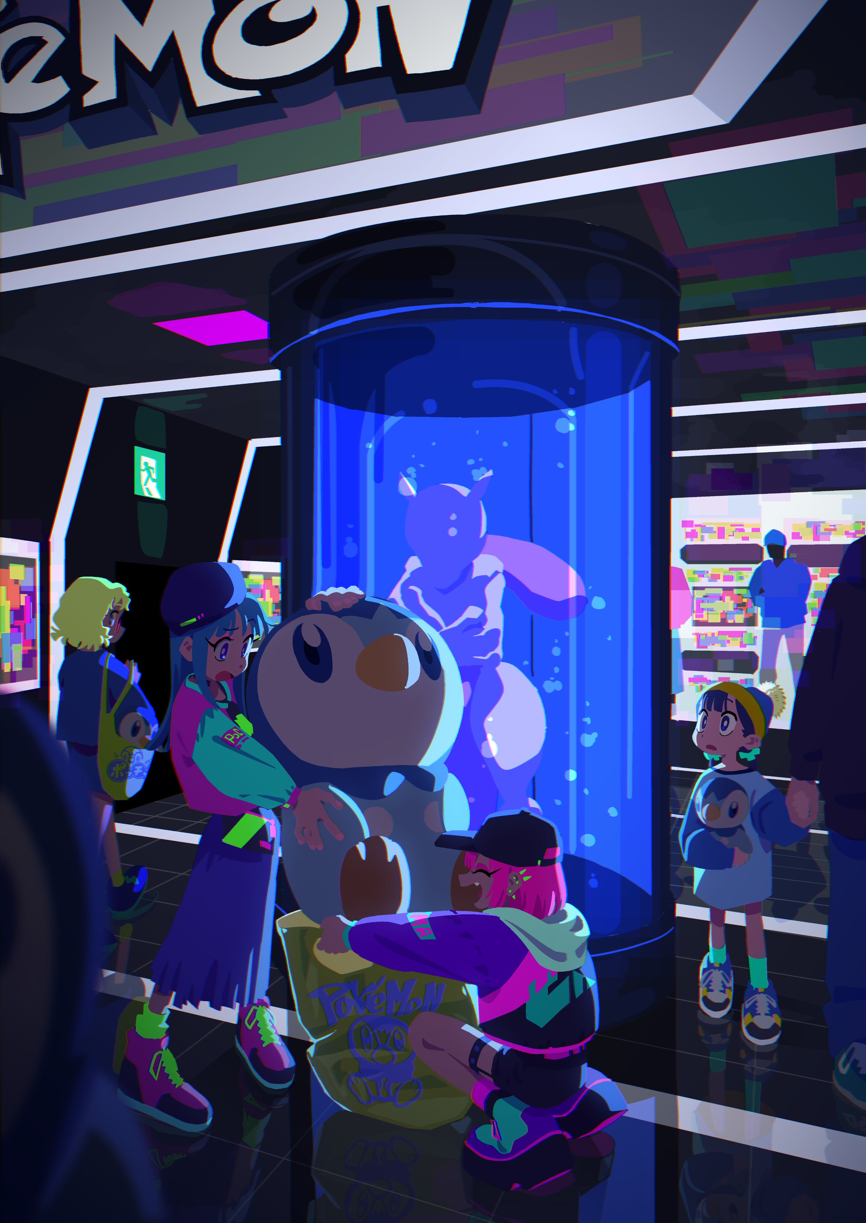 the image depicts a lively scene inside a brightly lit pokemon store at night.  the focus is drawn to a large cylindrical display case filled with glowing blue water, showcasing a ghostly apparition of a large pokemon (likely gengar). two young women and a child are gathered around a large plush toy of the pokemon piplup, seemingly mesmerized by the display. other shoppers browse merchandise in the background. the overall atmosphere is one of excitement and wonder, typical of the pokemon universe. the artwork utilizes a vibrant color palette with strong neon accents, emphasizing the dynamic and lively nature of the scene.