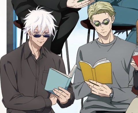 the image shows gojo satoru and nanami kento from jujutsu kaisen, sitting and reading books. gojo, with white hair and sunglasses, holds a blue book. nanami, with blond hair and round sunglasses, holds a yellow book. they are both casually dressed. the background suggests they are indoors, perhaps in a cafe or library.