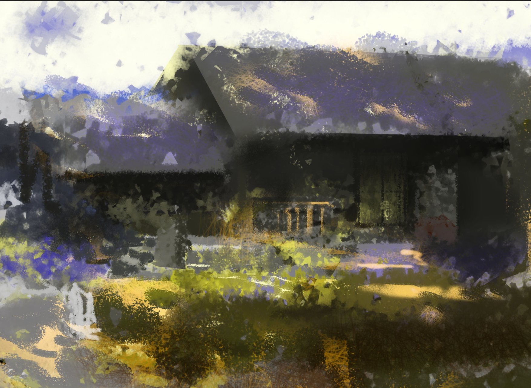 this painting depicts a house, obscured by foliage and brushstrokes of color. the house is made of wood and has a porch. it is surrounded by green trees, a yard, and a garden. the painting is very soft and impressionistic, with muted colors. it is a peaceful and inviting image.