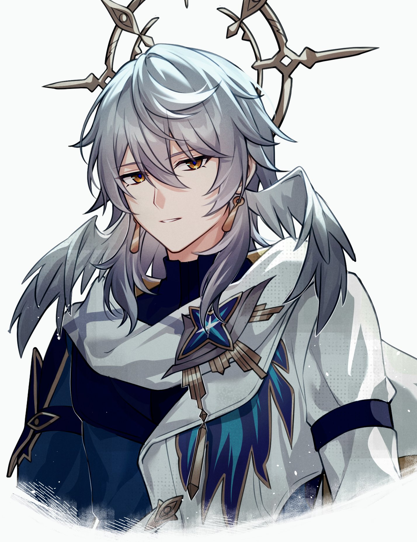 a digital art portrait of an anime boy character with white hair, blue eyes, wings, and a halo, in a dark and fantasy style. the image focuses on his face and upper body. he is wearing a white and blue outfit with decorative details, a black band on his right arm, and gold jewelry. the image has a textured background, suggesting the artist was experimenting with different styles.