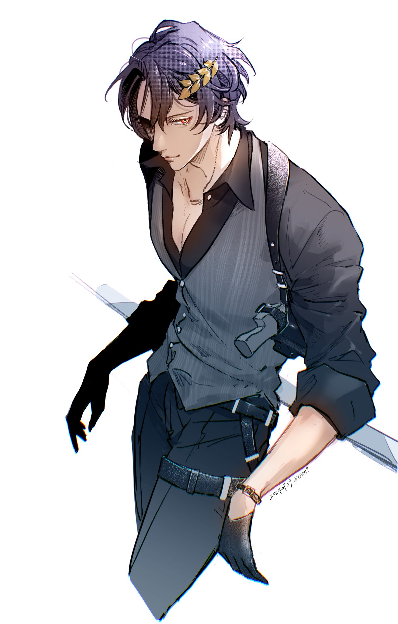 this is an anime illustration of a male character. he is stylishly dressed with a vest, jacket, and pants. he has dark hair and is wearing a gold leaf headband. he is holding a gun in his holster.  he looks cool and  actionready.
