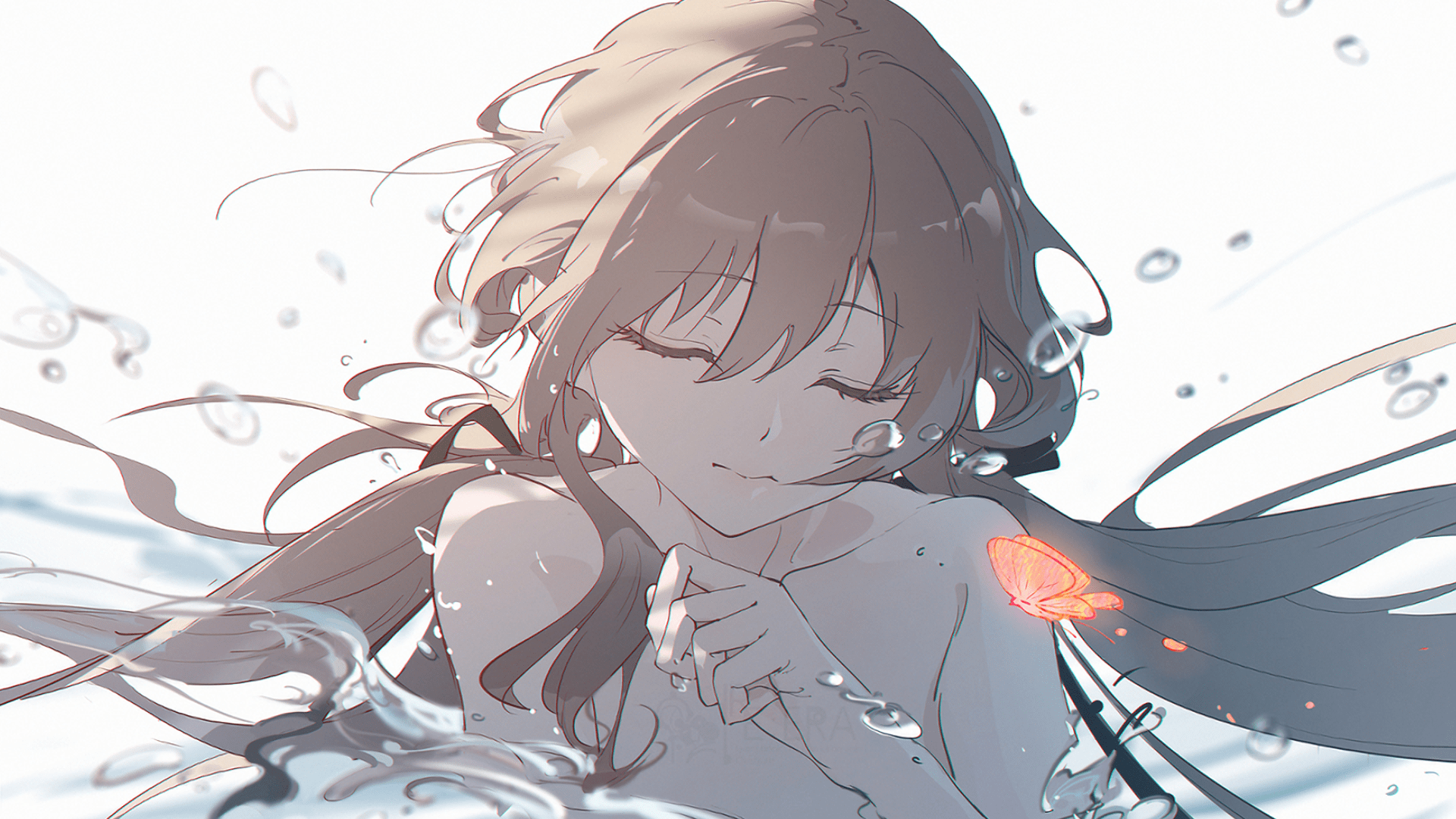 the image is a digital painting or illustration of an animestyle girl with long brown hair. she is submerged in water, her eyes are closed, and she appears peaceful and serene.  bubbles surround her, and an orange butterfly rests on her shoulder. the overall style is soft, ethereal, and dreamy, with a focus on gentle light and flowing lines. the artwork evokes a sense of tranquility and calm.