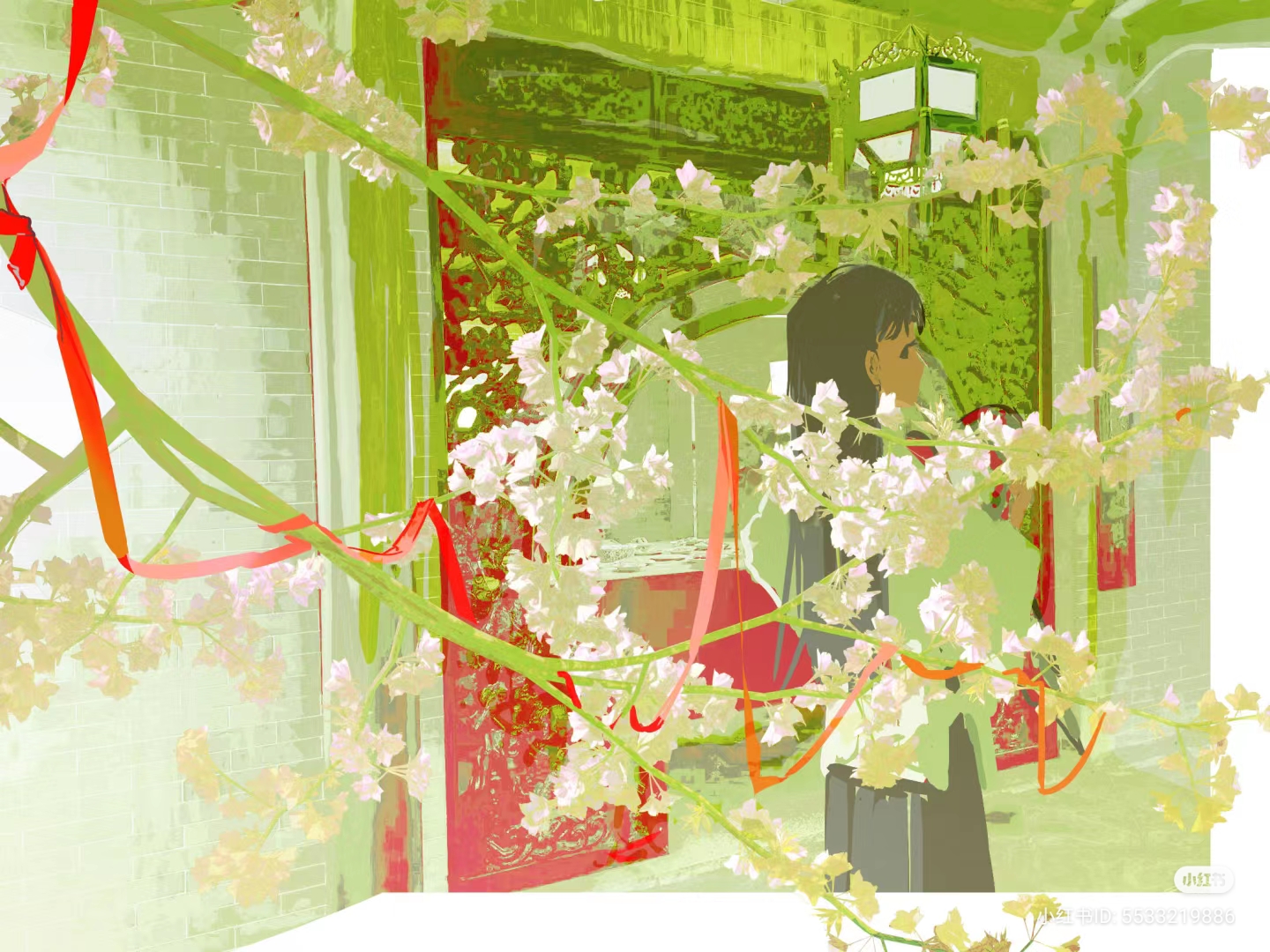 a woman, partially obscured by cherry blossom branches with pink flowers, stands by a traditional chinese doorway adorned with red ribbons. the scene is rendered in soft, pastellike colors, evoking a sense of tranquility and beauty.