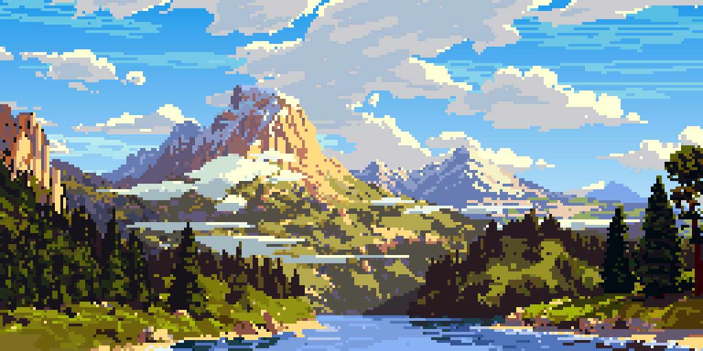 this is a stunning piece of pixel art depicting a serene landscape. the image features majestic, snowcapped mountains in the background, with a calm river flowing through a lush green forest in the foreground. the sky is a vibrant blue dotted with fluffy white clouds.  the pixelated style gives the image a retro video game aesthetic, while the detail and color palette create a beautiful and realistic depiction of nature. the overall mood is peaceful and tranquil, evoking a sense of awe and wonder at the beauty of the natural world.