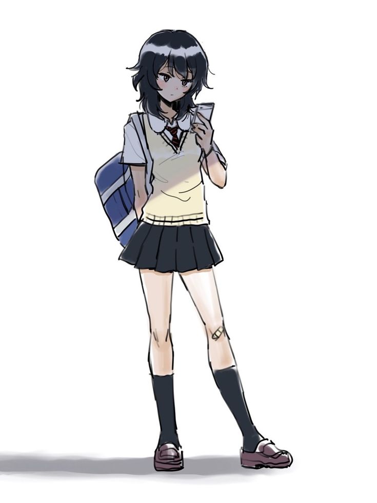 the image is a drawing of an animestyle school girl. she has short, dark hair, is wearing a school uniform consisting of a pleated skirt, a yellow sweater vest, and a white shirt with a red tie. she's carrying a backpack and is looking down at a smartphone in her hand. she's wearing kneehigh socks and shoes. the style is casual and sketchy. the overall feeling is somewhat melancholic.
