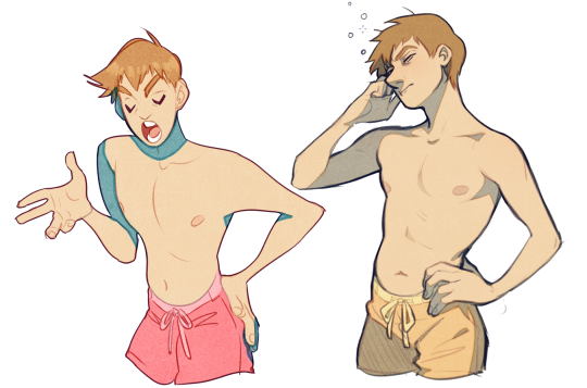 the image shows two stylized male figures drawn in a sketchy style. both figures are shirtless and wearing swim trunks. the figure on the left is posed dynamically with his mouth open as if talking or shouting. he has a robotic arm and leg. the figure on the right is posed more relaxed with his hand on his head, looking tired.
