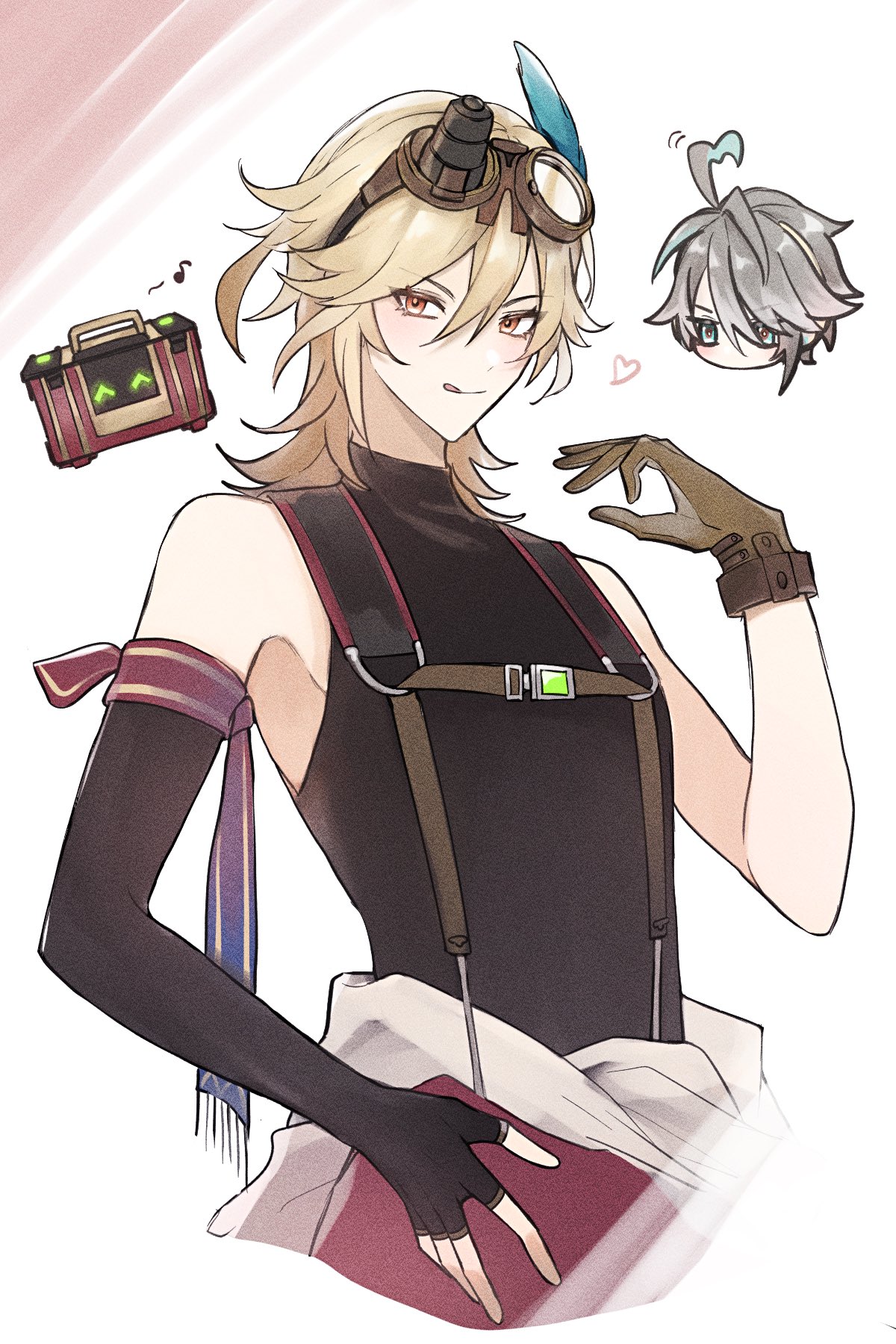the image features an anime male character with blonde hair and green eyes. he's wearing a black shirt with brown straps and a white shirt underneath. he's also wearing goggles and black gloves. he's holding a red box in his left hand and has a red scarf around his right wrist. the character has a smirk on his face and appears to be looking at the viewer. in the background, there is a smaller anime character with gray hair and a pink heart above them.