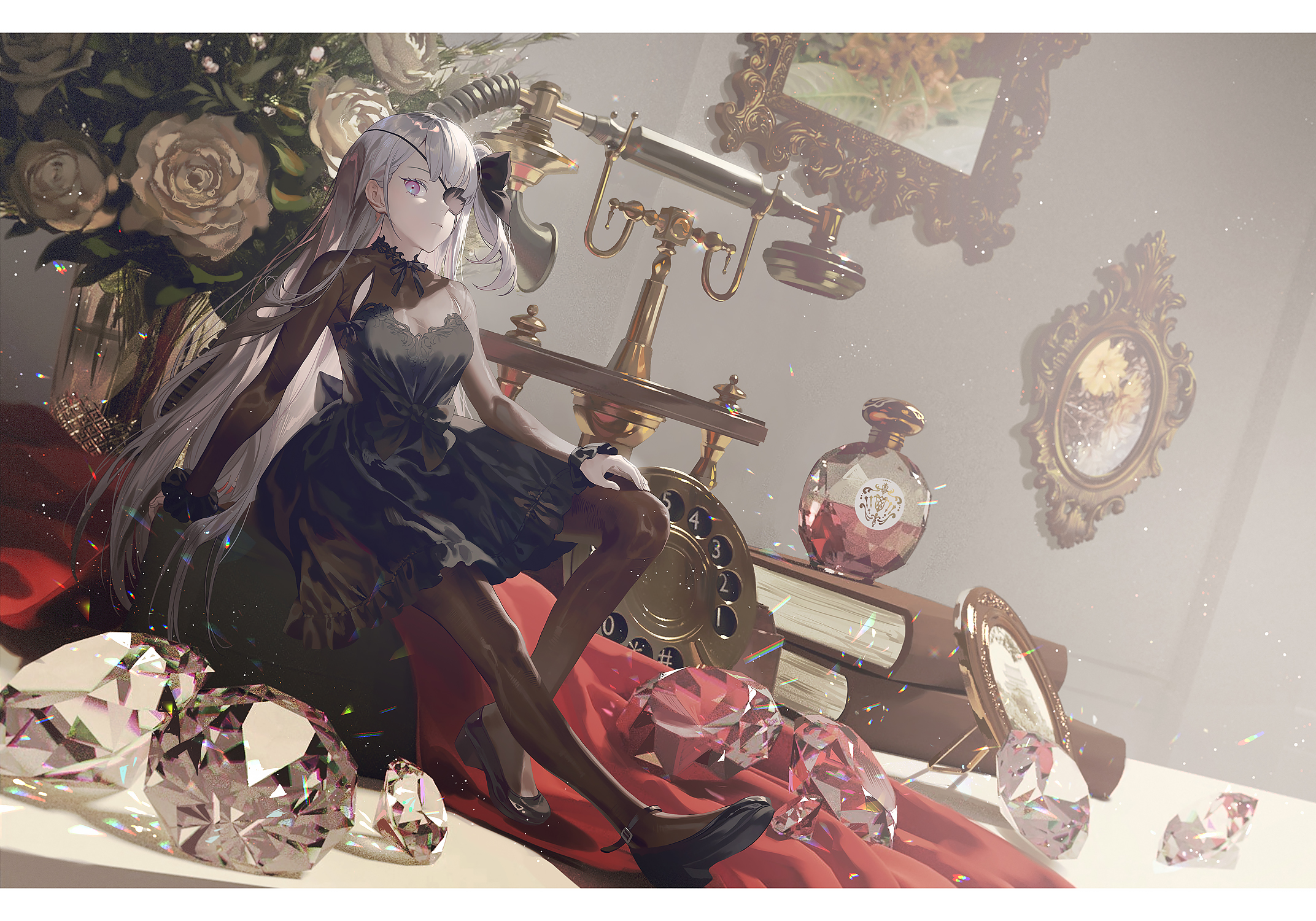 he image is a digital painting of an anime girl with long silver hair and an eyepatch. she is wearing a black dress and sitting on a red fabric draped over a surface.  around her are several large, sparkling diamonds, an antique rotary telephone, an ornate perfume bottle, and several antique picture frames. the overall setting is luxurious and elegant, creating a fantasylike atmosphere. the art style is detailed and the colors are rich and vibrant.