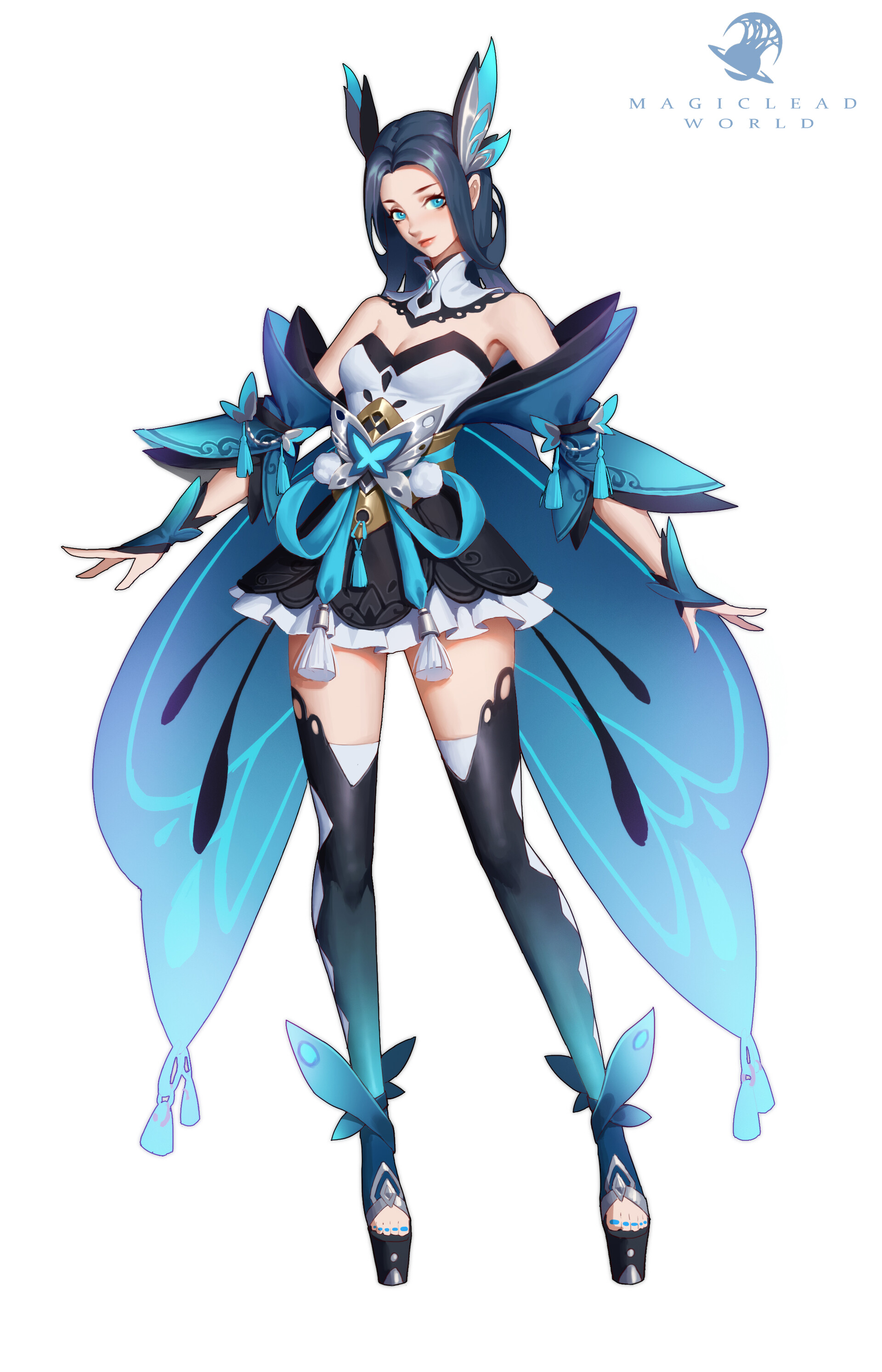 full body shot of an anime girl with blue hair wearing a fantasy costume with butterfly wings. she has elflike ears and is wearing black and blue clothing. the image includes the "magiclead world" logo in the top right corner, suggesting she is a character from a video game or related media.