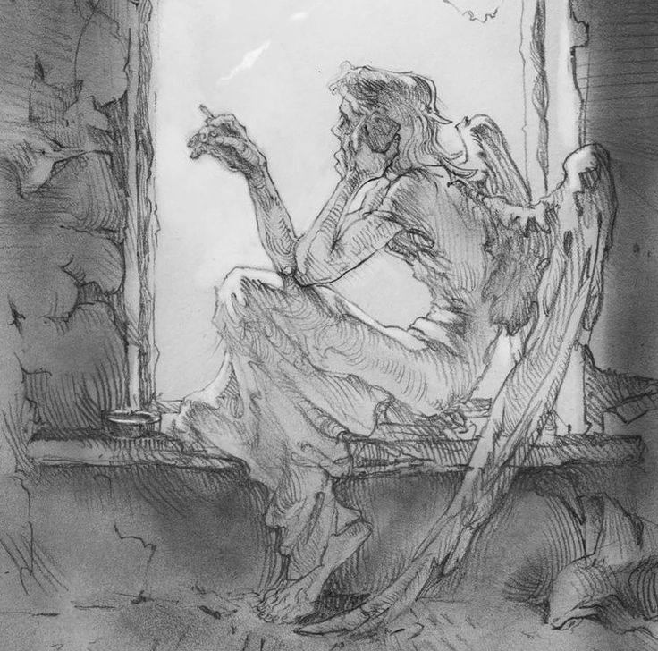 a pencil sketch of a woman with wings, sitting by a window, looking down with a thoughtful expression. her wings are large and feathered, and she appears to be sad or sorrowful. the sketch is done in a monochrome style, with shades of gray and black.  it is a detailed and realistic depiction of a woman's  emotional state.