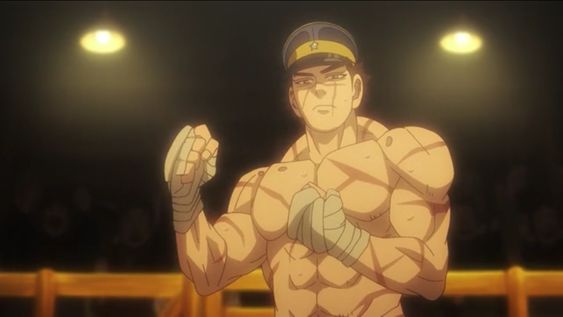 the image shows a muscular, barechested anime man standing in a boxing ring. he is wearing boxing bandages on his hands and a militarystyle cap on his head. his body is covered in scars, suggesting experience and battles fought. the lighting is dramatic, coming from spotlights above, highlighting his determined expression and powerful physique.