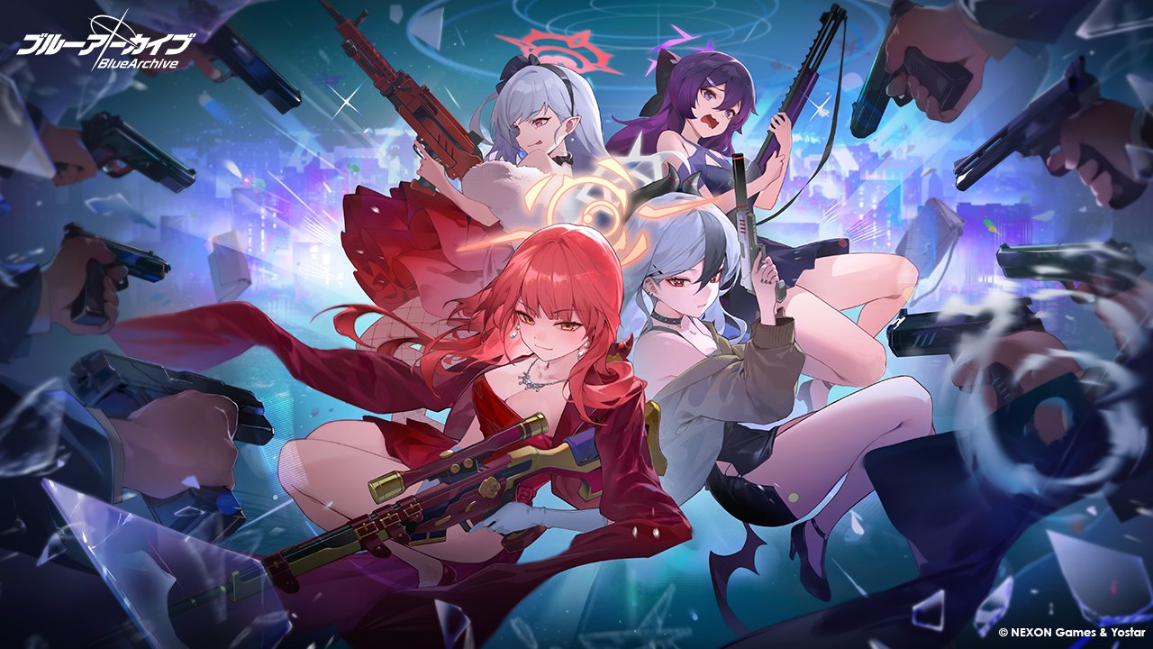 this is promotional artwork for the mobile game blue archive.  the image showcases four animestyle female characters in dynamic poses, each wielding different firearms. they are central to the image, surrounded by a flurry of gunwielding figures in the background. the overall style is vibrant and actionpacked, with a mix of fantasy and futuristic elements in the setting. the artwork is clearly digitally created and designed to attract players to the game.  the background shows a blurred cityscape at night.  the nexon and yostar copyright is visible in the bottom right corner.