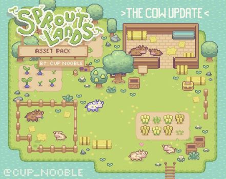 the image is a pixel art style graphic promoting a "cow update" asset pack for the presumably gamemaking program, "sprout lands". the assets depict various farmrelated elements like brown cows, green and yellow crops, a wooden barn, fences, hay bales, and green trees. all of this is set on a light green field bordered by blue water on the bottom edge, evoking a topdown perspective of a small farm.  the overall aesthetic is bright, cheerful, and cartoonish.