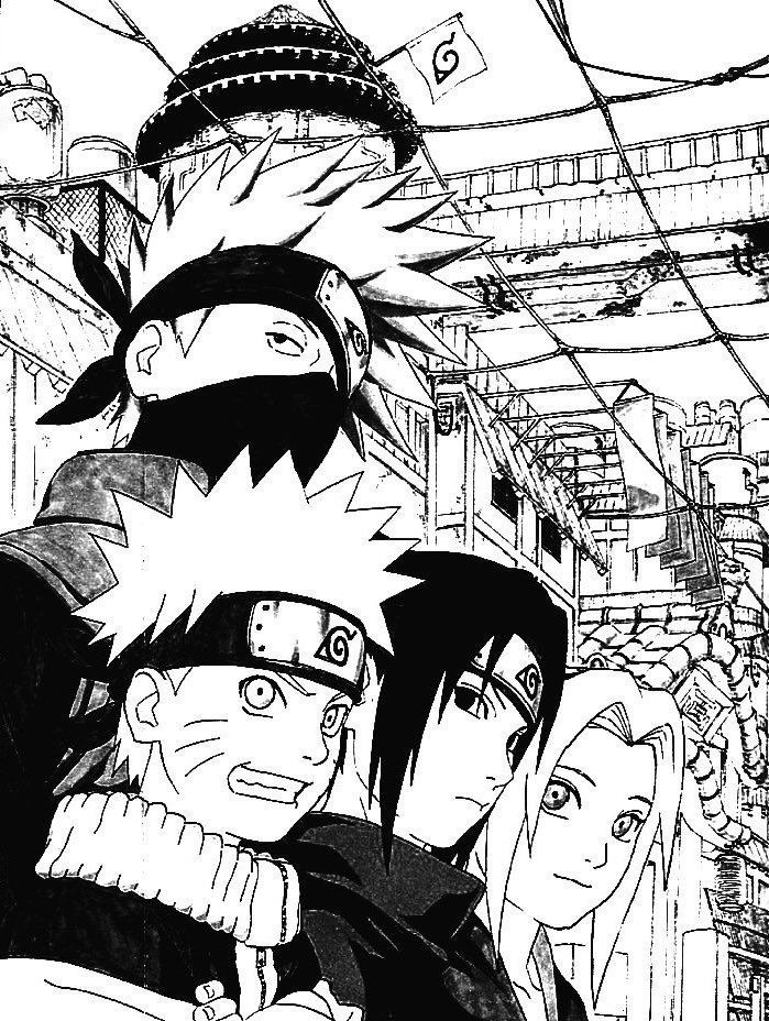 a black and white illustration of team 7 from the anime naruto. the characters are naruto, sasuke, sakura, and kakashi. they are standing in the hidden leaf village, with buildings and the hokage monument in the background. the image has a highcontrast, black and white style with a low angle perspective, making the characters appear larger than life.