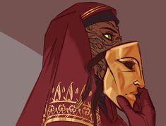 a woman with brown skin and dark hair partially covered by a red hood with gold trim holds a gold mask in her hand. the mask has a neutral expression and covers the bottom half of her face. the woman has green eyes and a pattern of lines on the side of her face. the background is a plain graybrown. the lighting is soft and casts a warm glow on the woman and the mask.