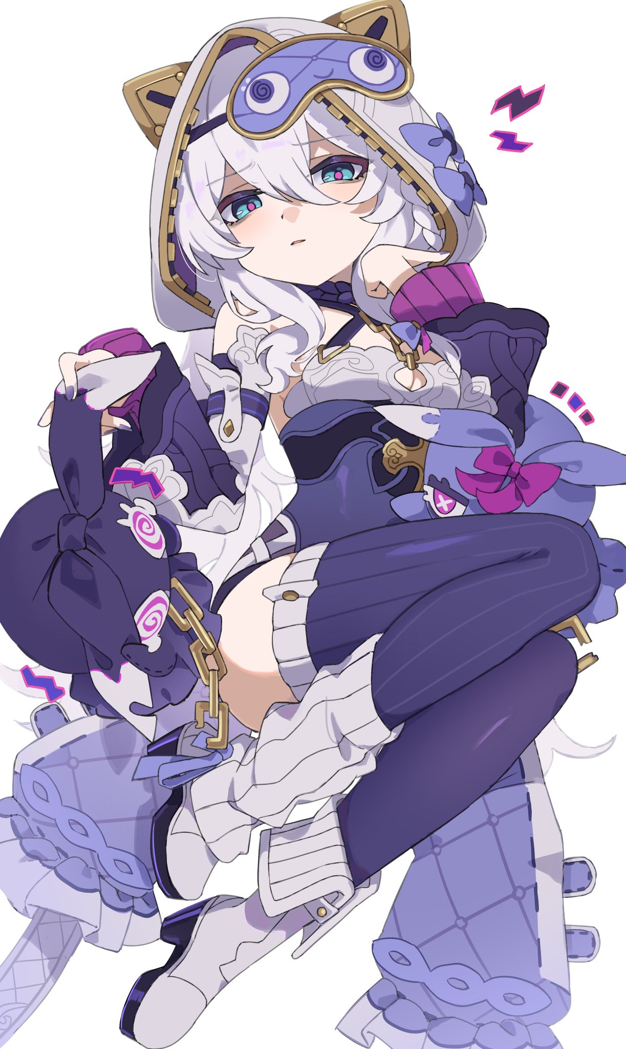 this is an animestyle illustration of a young girl with long white hair. she is wearing a purple and white dress with a blue and white eye mask. she looks very tired and is leaning to the side. the girl's clothes are decorated with a lot of details, such as lace, ribbons, and a chain. the background is white.  she is positioned with her arms crossed and is looking off into the distance. there are several stylized sparkles and zaps in the background of the image which indicate exhaustion.