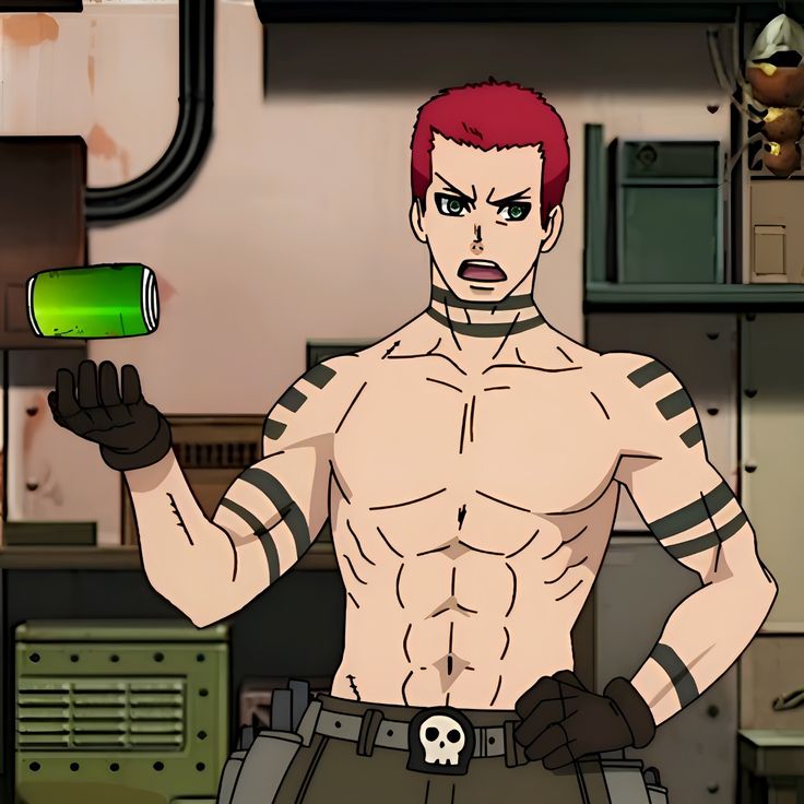 an anime character is shirtless, showing off a toned and ripped physique. he has black stripes tattooed all over his arms. he has red hair and a black skullshaped buckle on his belt. he looks very angry and frustrated. he is holding a can of soda in his hand, which seems to be an indicator of the object being a source of frustration. there is a gun in a holster on his right leg, and a magazine on the opposite leg. the character is standing in a warehouse setting.