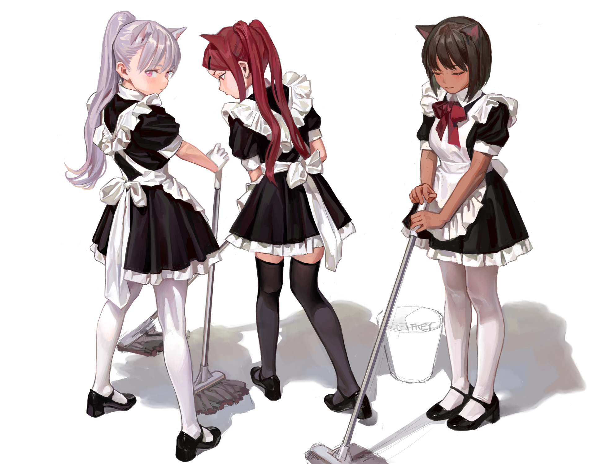 the image depicts three animestyle women dressed as maids with cat ears, each holding a mop. a bucket is partially visible near the rightmost figure. they are all wearing black and white maid outfits with stockings and mary jane shoes. the characters have different hair colors (lavender, red, and brown) and skin tones.