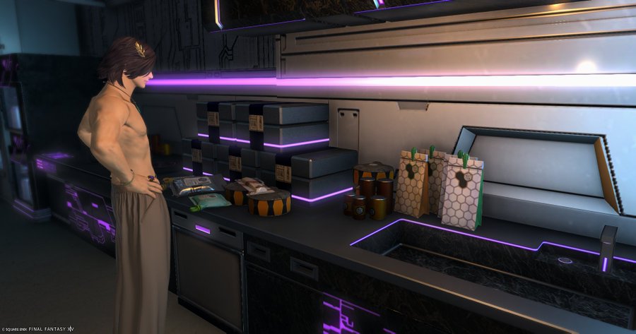 the image is a screenshot from the video game final fantasy xiv.  it shows a shirtless male character standing in a futuristic kitchen or galley.  the counter is stocked with various food and supplies, including stacked boxes, cans of food, and paper bags. the kitchen has a sleek, minimalist design with dark surfaces and accents of purple neon lighting. the overall setting is highly stylized and resembles a scifi environment.  the character appears to be examining or contemplating the food items. the lowerright corner displays the copyright notice for final fantasy xiv.