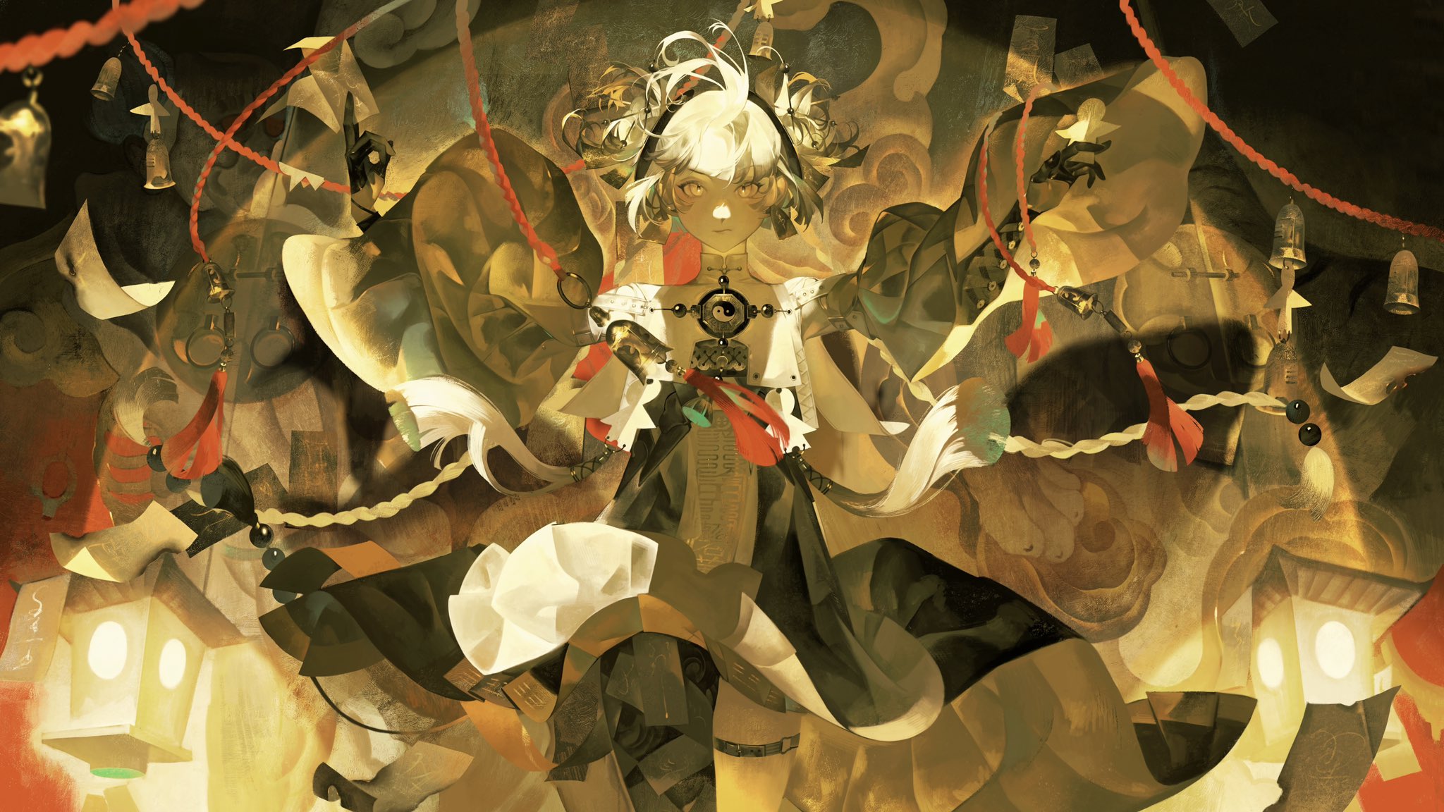 an anime girl with white hair and red and gold clothing stands surrounded by a vibrant yellow and red background. the background is a mix of different objects, including lanterns, bells, flowers, and rope. she looks almost magical, with her bright eyes and mystical surroundings. the illustration is very detailed and complex, and the artist used many different textures and colors to create a very visually appealing piece.