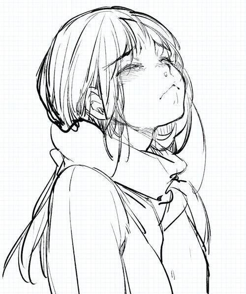 a black and white sketch of a young woman with her eyes closed and face turned upward. she appears to be crying, with visible tears streaming down her face. she is wearing a thick scarf wrapped around her neck. the style of the sketch is loose and expressive.