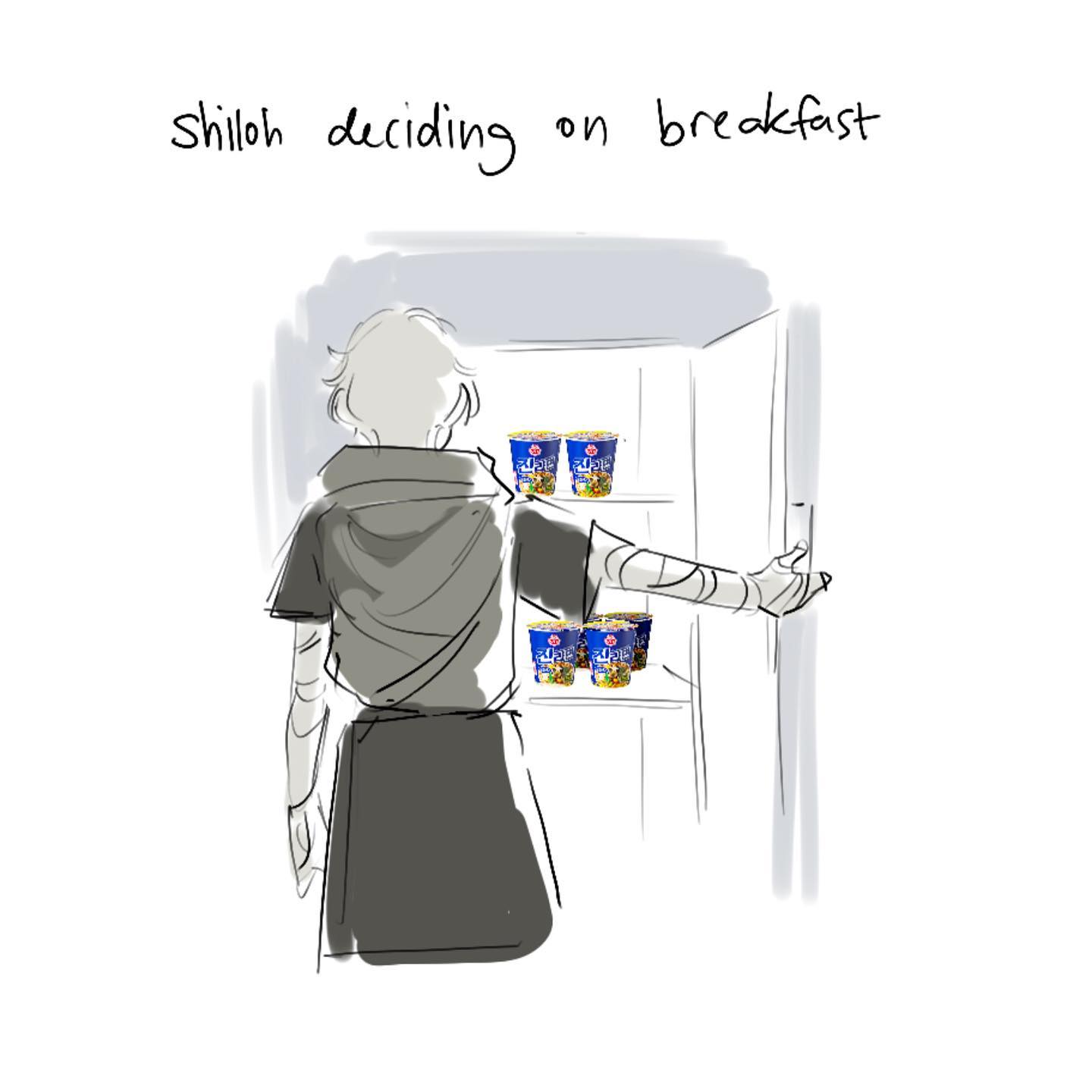 a blackandwhite sketch of a person, labeled "shiloh", looking into an open refrigerator, considering their breakfast options.  the refrigerator is sparsely stocked with only six visible cups of instant noodles. the drawing style is loose and expressive, emphasizing the humor of the situation.