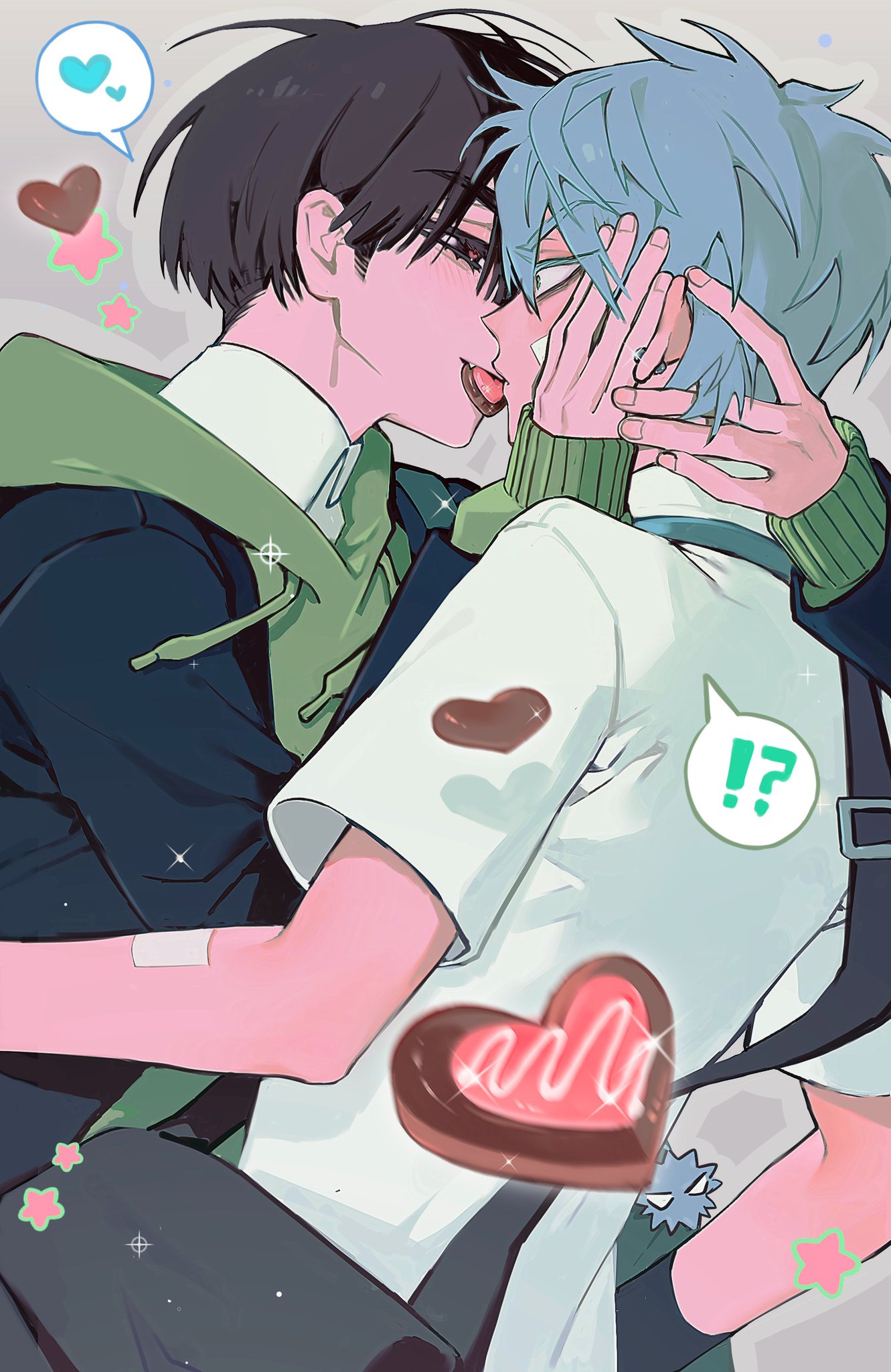 this animestyle illustration depicts two boys, one with blue hair and the other with black hair, in a romantic embrace. the boy with blue hair is wearing a white shirt and a green jacket, while the boy with black hair is wearing a blue jacket and a green scarf. the boys are kissing, with hearts and other romantic symbols surrounding them. the overall feeling of the illustration is one of love, affection, and sweetness. the art style is bright and vibrant, with a digital feel. the background is a simple white with scattered stars.