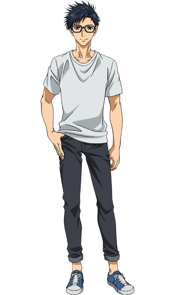 this is an anime character illustration of a young adult male with dark hair and glasses, wearing a white tshirt, black pants, and blue shoes.