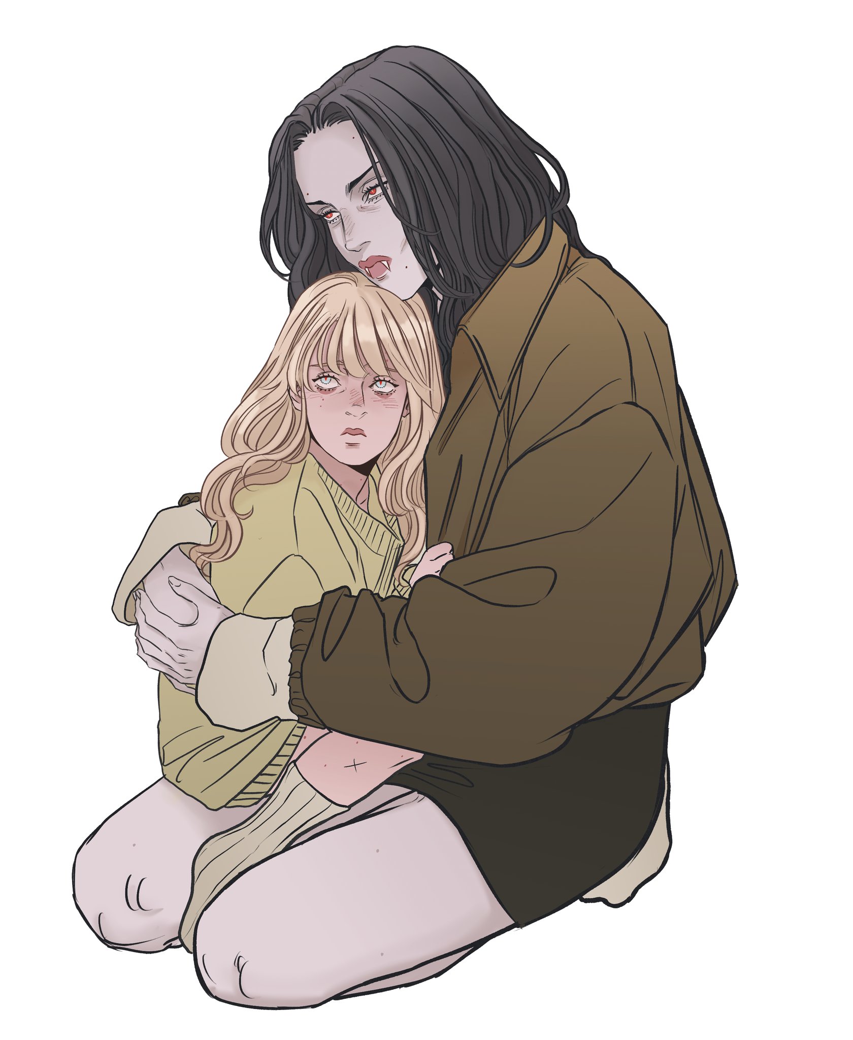 a digital illustration depicts a darkhaired vampire woman protectively embracing a blondehaired child. both are kneeling. the woman has a large, brown oversized jacket and black shorts. her pale skin and fangs are visible, and she has red eyes. the child appears fearful, clutching onto the woman.