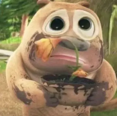 a cartoon bear, covered in mud, is holding a small wilted flower in a pot. the bear appears sad, with large, watery eyes.