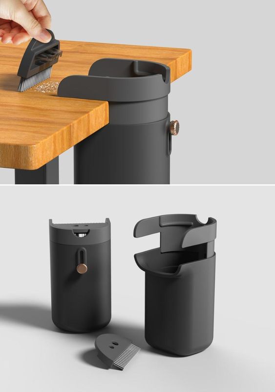a black desk organizer that comes with a builtin brush to clean up desk crumbs. the image shows the organizer attached to the side of a wooden desk with the brush being used to clean up some crumbs. the image also shows a separate view of the organizer and the brush.