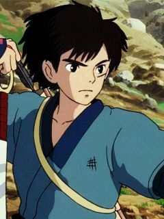 this image features a young anime boy with dark hair and blue eyes. he is wearing a blue shirt, and his expression is serious.  he is holding a sword, suggesting that he is a samurai or warrior. the setting appears to be a rural outdoor landscape.